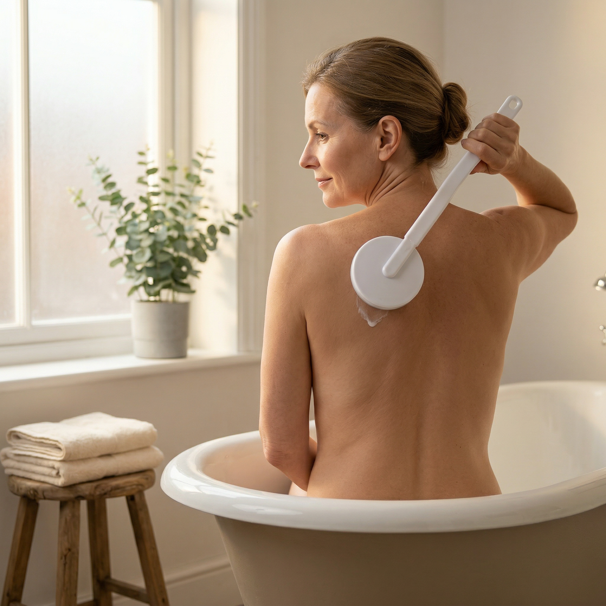 Woman in her 50s comfortably applying lotion to her own back using a long-handled roller applicator in a warm, sunlit bathroom