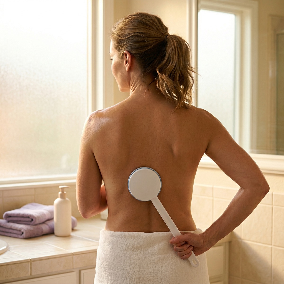 Woman comfortably applying lotion to her back with Lavivio applicator in a sunlit bathroom