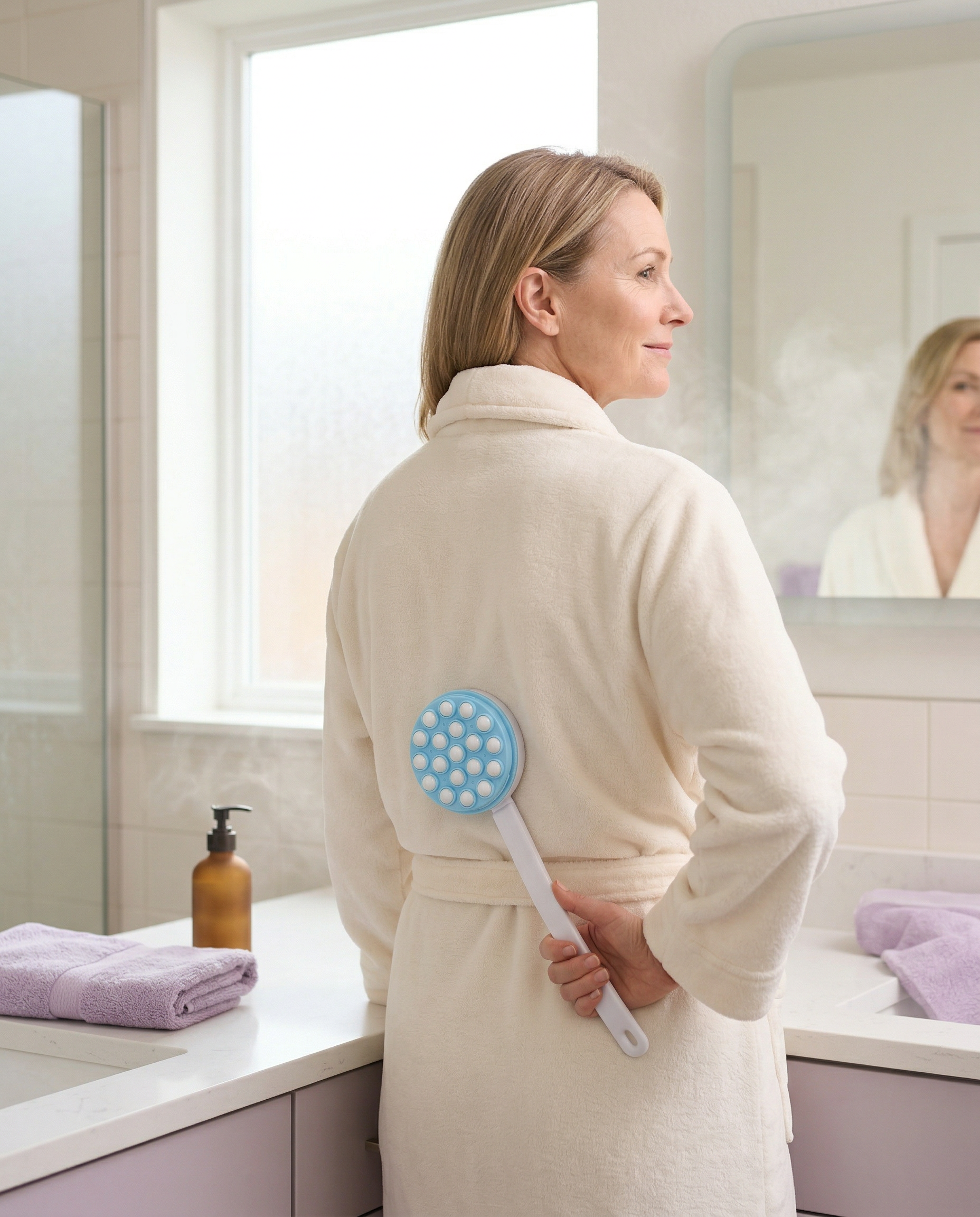 Woman comfortably applying lotion to her back with Lavivio applicator in a sunlit bathroom