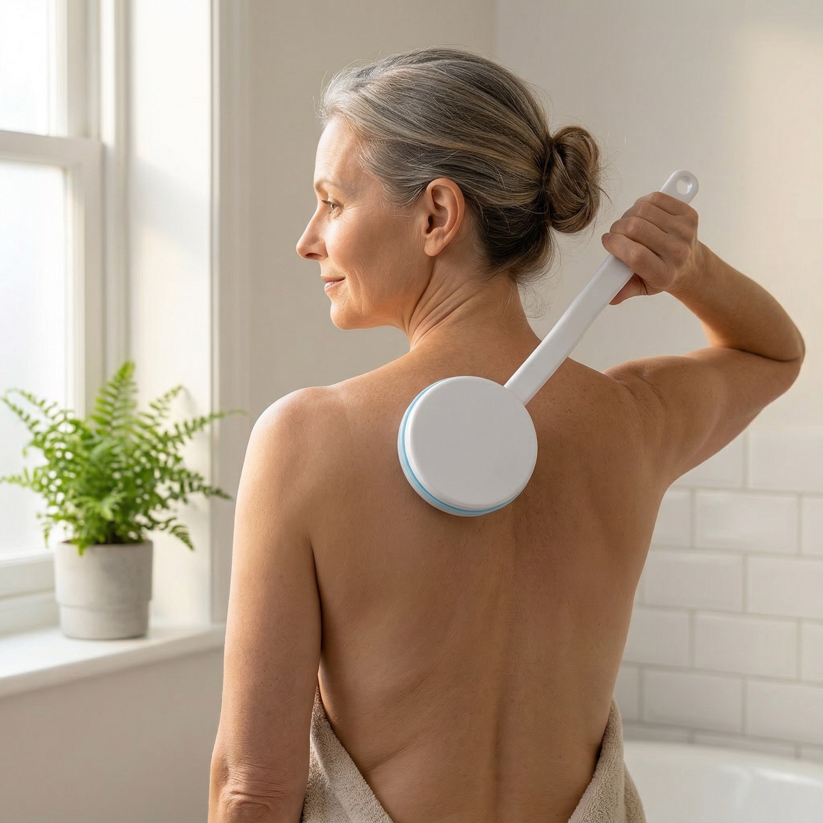 Woman easily reaching her back with the long-handled applicator