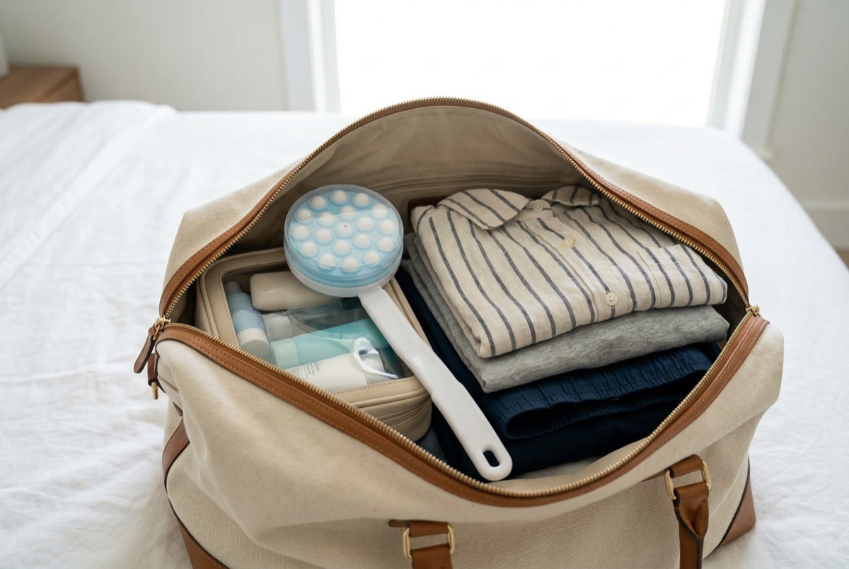 Applicator with leak-proof cover placed in a travel bag