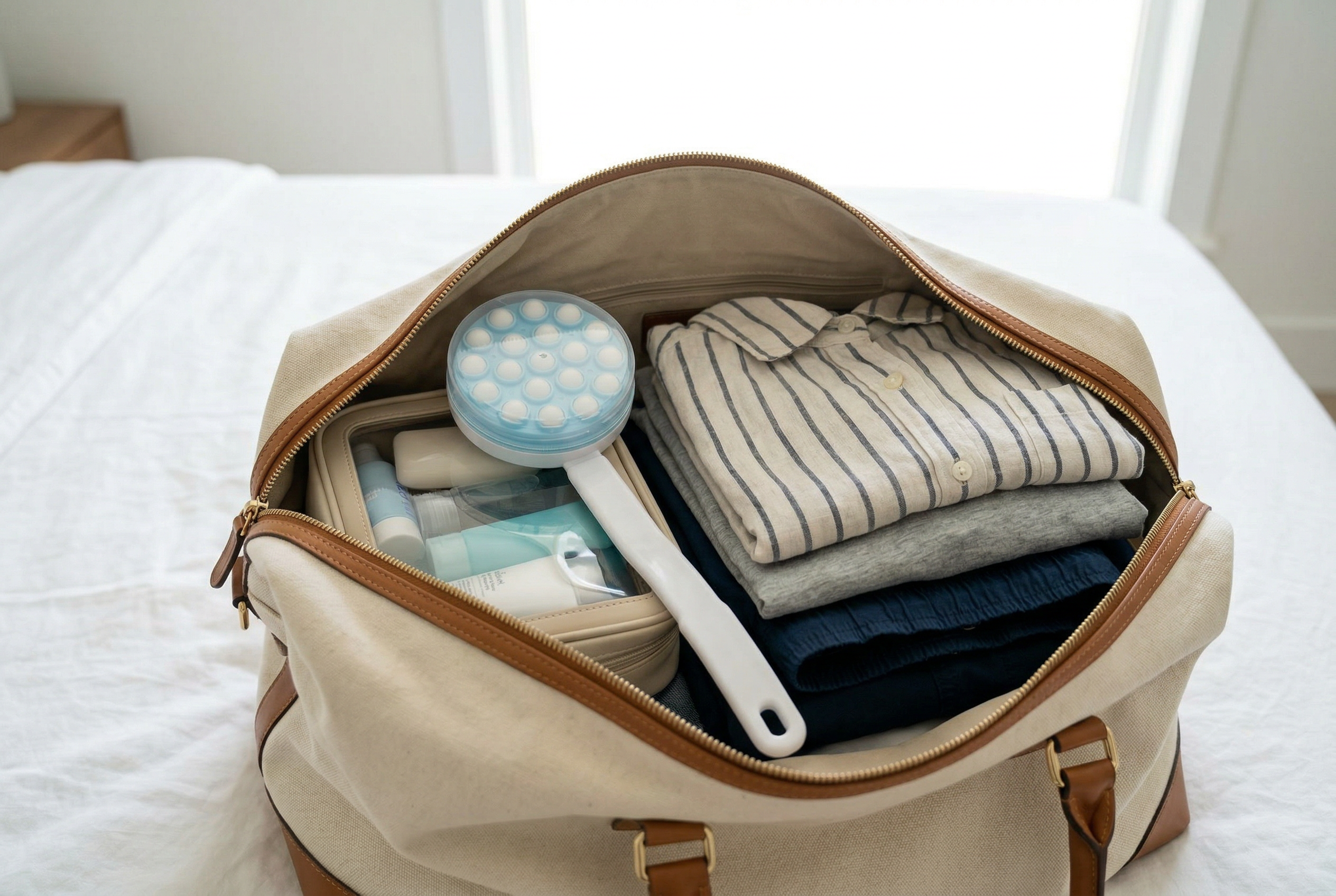 Applicator with leak-proof cover placed in a travel bag