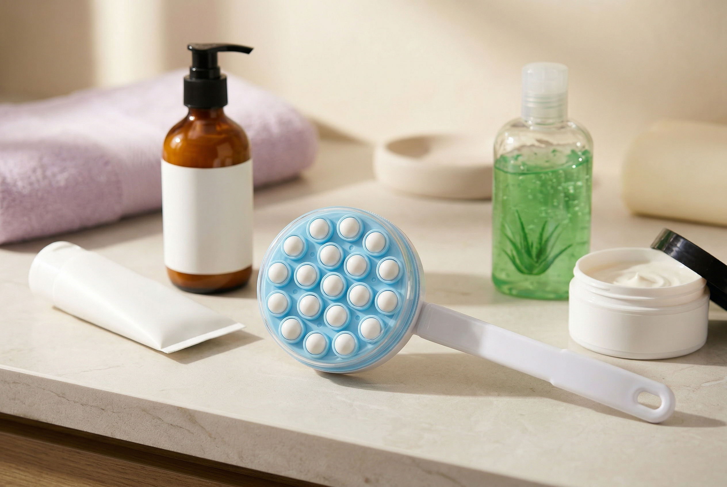 Applicator alongside various bottles of lotion, sunscreen, and body cream