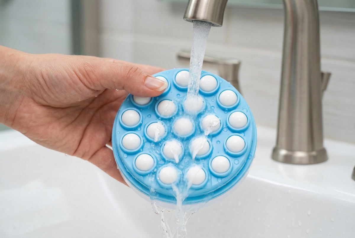Detached roller head being rinsed under running water