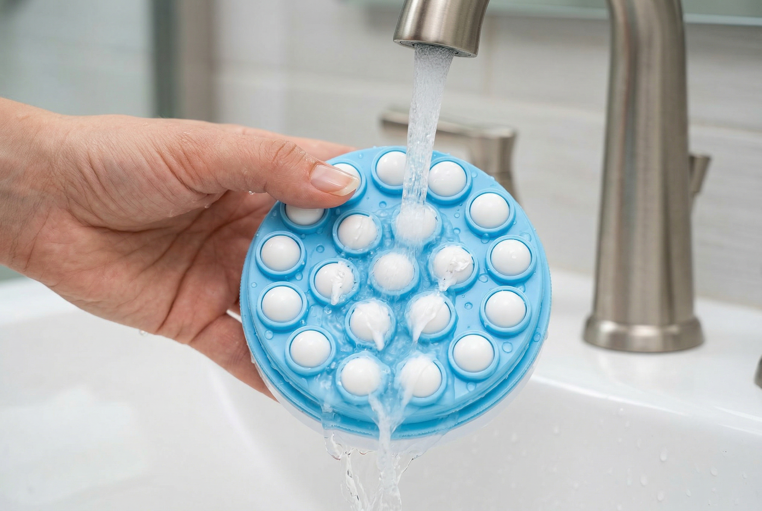 Detached roller head being rinsed under running water